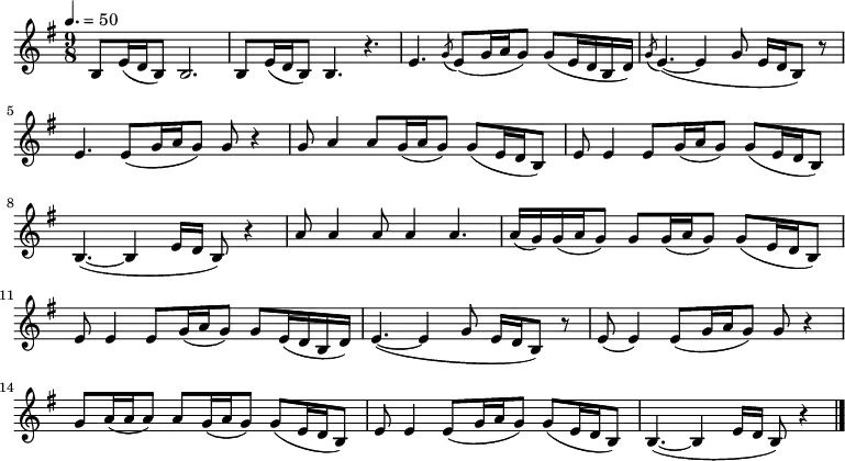 \relative e' { \key e \minor \time 9/8 \tempo 4. = 50 \set Staff.midiInstrument = #"violin"
b8 e16( d b8) b2.| b8 e16( d b8) b4. r4.| e4. \acciaccatura g8 e8( g16 a g8) g8( e16 d b d)| \acciaccatura g8 e4. ~ ( e4 g8 e16 d16 b8 ) r8|
e4. e8( g16 a g8) g8 r4| g8 a4 a8 g16( a g8) g8( e16 d b8)|e8 e4 e8 g16( a g8) g8( e16 d b8)| b4. ~ ( b4 e16 d16 b8 ) r4|
a'8 a4 a8 a4 a4.| a16( g) g16( a g8) g8 g16( a g8) g8( e16 d b8)| e8 e4 e8 g16( a g8) g8 e16( d b d)| e4. ~ ( e4 g8 e16 d16 b8 ) r8|
e8( e4) e8( g16 a g8) g8 r4| g8 a16( a a8) a8 g16( a g8) g8( e16 d b8)| e8 e4 e8( g16 a g8) g8( e16 d b8)| b4. ~ ( b4 e16 d16 b8 ) r4 \bar "|."}
\addlyrics {
아 리 랑 아 리 랑 아 라 리 요
아 리 랑 고 개 고 개 로 나 를 넘 겨 주 게
눈 이 올 려 나 비 가 올 려 나 억 수 장 마 질 려 나
만 수 산 검 은 구 름 이 막 모 여 든 다}