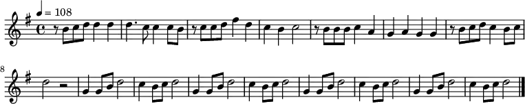 \relative c' {
\key e \minor
\clef treble
\tempo 4 = 108
\time 4/4
r8 b'8 c8 d8 d4 d4| d4. c8 c4 c8 b8|
r8 c8 c8 d8 fis4 d4| c4 b4 c2|
r8 b8 b8 b8 c4 a4| g4 a4 g4 g4|
r8 b8 c8 d8 c4 b8 c8| d2 r2|
g,4 g8 b8 d2| c4 b8 c8 d2|
g,4 g8 b8 d2| c4 b8 c8 d2|
g,4 g8 b8 d2| c4 b8 c8 d2|
g,4 g8 b8 d2| c4 b8 c8 d2\bar "|."
}
\addlyrics {
あ か た す ん どぅ ー ん ち ー く が に どぅ る さ ぎ てぃ
う り が あ か ー が り ば み る く う ん け ー
し や ー ぷ し や ー ぷ み み ん め み み ん め
ひ じ ん と ひ じ ん と い ゆ ぬ み い ゆ ぬ み
}