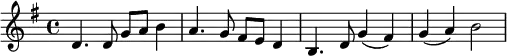 \relative c'{
\key g \major
d4. d8 g a b4 a4. g8 fis e d4 b4. d8 g4 (fis4) g4 (a4) b2}