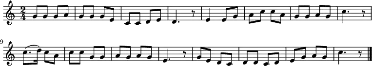 \relative c'' {
\new PianoStaff <<
\new Staff { \key c \major \time 2/4
g8 g8 g8 a8| g8 g8 g8 e8| c8 c8 d8 e8| d4. r8|
e4 e8 g8| a8 c8 c8 a8| g8 g8 a8 g8| c4. r8|
c8.( d16) c8 a8| c8 c8 g8 g8| a8 g8 a8 g8| e4. r8|
g8 e8 d8 c8| d8 d8 c8 d8| e8 g8 a8 g8| c4. r8 \bar "|."
}
>>
}