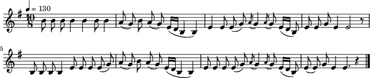 \relative e' { \key e \minor \time 10/8 \tempo 4 = 130 \set Staff.midiInstrument = #"violin"
b'8 b8 b8 b4 b4 b8 b4| a8( g) b8 a8( g) e16( d b4 b4)|
e4 e8 e8( g) \acciaccatura a8 g4 \acciaccatura a8 g8 e16( d b8)| e8 e8 g8 e4 e2 r8|
b8 b8 b8 b4 e8 e8 e8 e8( g)| a8( g) b8 a8( g) e16( d b4 b4)|
e8 e8 e8 e8( g) \acciaccatura a8 g4 \acciaccatura a8 g8 e16( d16 b8)| e8( e) g8 e4 e4. r4 \bar "|."}
\addlyrics {
아 주 까 리 동 백 아 열 지 마 라
누 구 를 괴 자 고 머 리 에 기 름
아 리 아 리 쓰 리 쓰 리 아 라 리 요
아 리 아 리 얼 씨 구 노 다 가 세}
