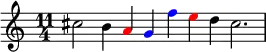 \relative a'
{
\time 11/4
cis2 b4 \override Voice.NoteHead.color = #(rgb-color 1 0 0) a4 \override Voice.NoteHead.color = #(rgb-color 0 0 1) g f' \override Voice.NoteHead.color = #(rgb-color 1 0 0) e4 \override Voice.NoteHead.color = #(rgb-color 0 0 0) d4 cis2.
}