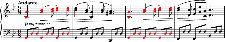 \relative c' {
\new PianoStaff <<
\new Staff { \key g \minor \time 9/8 \tempo "Andante." \tempo 8 = 96
\set Score.tempoHideNote = ##t
\override Voice.NoteHead.color = #(rgb-color 1 0 0) <g' bes,>4._\markup { \dynamic p \italic espressivo } <bes g>4\<( <c a>8 <d bes>4) <d bes>8 \override Voice.NoteHead.color = #(rgb-color 0 0 0) <d bes>4(\> <bes g>8 <g bes,>4 <bes g>8 <a fis>4.)\!
\override Voice.NoteHead.color = #(rgb-color 1 0 0) <g bes,> <bes g>4\<( <c a>8 <d bes>4) <d bes>8 \override Voice.NoteHead.color = #(rgb-color 0 0 0) <d bes>4\>( <bes d,>8 <c es,> <es g,> <a, c,>\!) <bes d,>4.
}
\new Staff { \key g \minor \time 9/8 \clef bass \stemUp
\override Voice.NoteHead.color = #(rgb-color 1 0 0) g,,8 d' d g, d' d g, d' d \override Voice.NoteHead.color = #(rgb-color 0 0 0) | g, d' d g, d' d d, d' d \override Voice.NoteHead.color = #(rgb-color 1 0 0) | g, d' d g, d' d g, d' d \override Voice.NoteHead.color = #(rgb-color 0 0 0) | f, f' f f, f' f bes, f' f |
}
>>
}