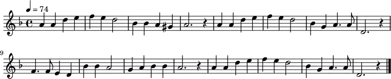 \relative c' {
\new PianoStaff <<
\new Staff { \key d \minor \time 4/4 \tempo 4 = 74
a'4 a4 d4 e4 | f4 e4 d2 | bes4 bes4 a4 gis4 | a2. r4 |
a4 a4 d4 e4 | f4 e4 d2 | bes4 g4 a4. a8 | d,2. r4 \bar "|"
f4. f8 e4 d4 | bes'4 bes4 a2 | g4 a4 bes4 bes4 | a2. r4 |
a4 a4 d4 e4 | f4 e4 d2 | bes4 g4 a4. a8 | d,2. r4 \bar "|."
}
\addlyrics {
は る こ う ろ う の は な の え ん
め ぐ る さ か ず き か げ さ し て
ち よ の ま つ が え わ け い で し
む か し の ひ か り い ま い ず こ
}
>>
}