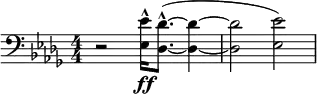 \relative c' {
\key des \major
\numericTimeSignature
\time 4/4
\clef bass
r2 <ees ees,>16-^\ff <des des,>8.-^( ~ <des des,>4 ~ | <des des,>2 <ees ees,>) |
}
