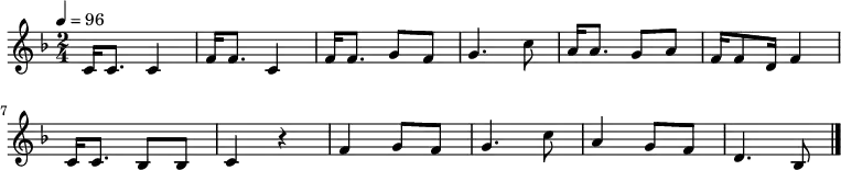 \relative c' {
\key d \minor
\clef treble
\tempo 4 = 96
\time 2/4
c16 c8. c4| f16 f8. c4| f16 f8. g8 f8| g4. c8|
a16 a8. g8 a8| f16 f8 d16 f4| c16 c8. bes8 bes8| c4 r4|
f4 g8 f8| g4. c8| a4 g8 f8| d4. bes8 \bar "|."
}
\addlyrics {
つ き ぬ か い しゃ とぅ か み ー か ー
み や ら び か い ー しゃ とぅ ー な な つ
ほ ー ー い ー ちょ ー ー が ー
}