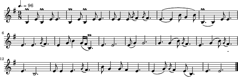 \relative e' { \key e \minor \time 9/8 \tempo 4. = 96 \set Staff.midiInstrument = #"violin"
b4\prall e8 b4\prall e8 e4.| b4\prall e8 b4\prall e8 e4.| e8 e4 e8 \acciaccatura g8 fis4 \acciaccatura g8 fis4.| e4. ~ ( e4 b'8 g4 b8)|
b,4.\prall( b4) e8 e4.| e4. e4. \acciaccatura g8 fis4.| e4 g8 b4 g16( fis b,4.\prall)| e4. e2.|
e8( g4) g2.| g4. g4( b8) \acciaccatura g8 fis4.| e4. g4( b8) \acciaccatura g8 fis4.| e4. b2.|
e8 e4 e4. \acciaccatura g8 fis4.| b8 g4 g8 fis4 e4.| e4( g8) \acciaccatura g8 fis4 e8( b4.)| e4. e2. \bar "|."}
\addlyrics {
아 리 아 리 랑 쓰 리 쓰 리 랑 아 라 리 가 났 네
아 리 랑 응 응 응 아 라 리 가 났 네
문 경 새 재 는 웬 고 - 갠 가
구 부 야 아 구 부 구 부 가 눈 물 이 난 다}