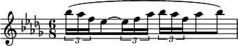 \relative c' {
\numericTimeSignature \key des \major \time 6/8
\tuplet 3/2 {bes''16( aes f } ees8~ \tuplet 3/2 {ees16 f aes }
\tuplet 3/2 {bes16 aes f } aes8 bes)
}