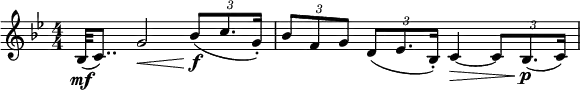 \relative c' {
\numericTimeSignature \key bes \major \time 4/4
bes32\mf( c8..) g'2\< \tuplet 3/2 {bes8\f( c8. g16-.) } |
\tuplet 3/2 {bes8 f g } \tuplet 3/2 {d( ees8. bes16-.) } c4\>~
\tuplet 3/2 {c8 bes8.\p( c16) }
}