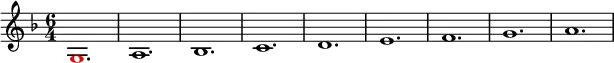 \relative g'
{
\time 6/4
\key f \major
\override Voice.NoteHead.color = #(rgb-color 1 0 0)g,1. \override Voice.NoteHead.color = #(rgb-color 0 0 0)a1. bes1. c1. d1. e1. f1. g1. a1.
}