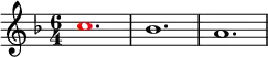 \relative g'
{
\time 6/4
\key f \major
\override Voice.NoteHead.color = #(rgb-color 1 0 0)c1. \override Voice.NoteHead.color = #(rgb-color 0 0 0)bes1. a1.
}